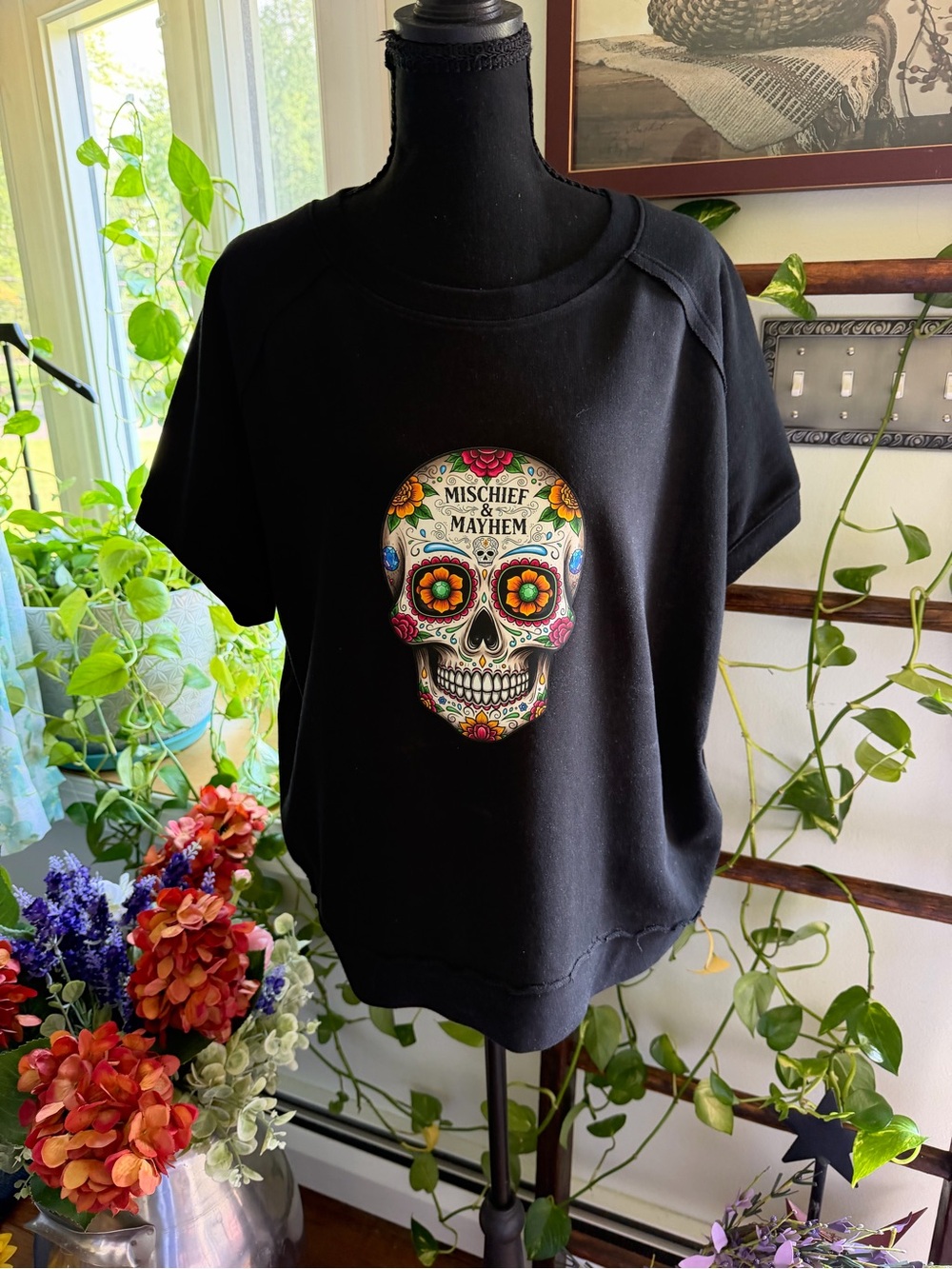 Black Sweatshirt with Colorful Sugar Skull Graphic